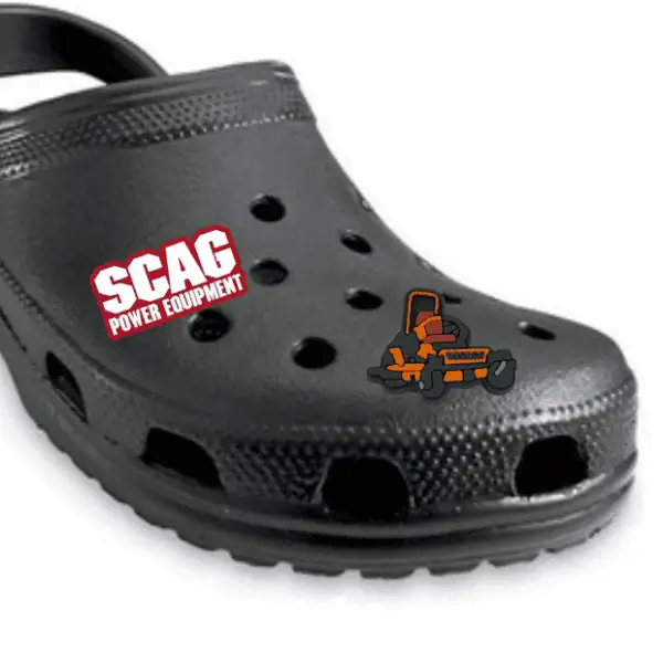 jibiitz for SCAG POWER EQUIPMENT and a mower shown on a black croc shoe